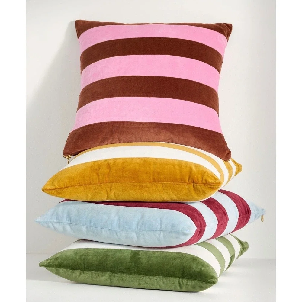 Anthropologie‎ Maize White Striped Throw Pillow 18x18 Cotton Mustard Yellow NEW